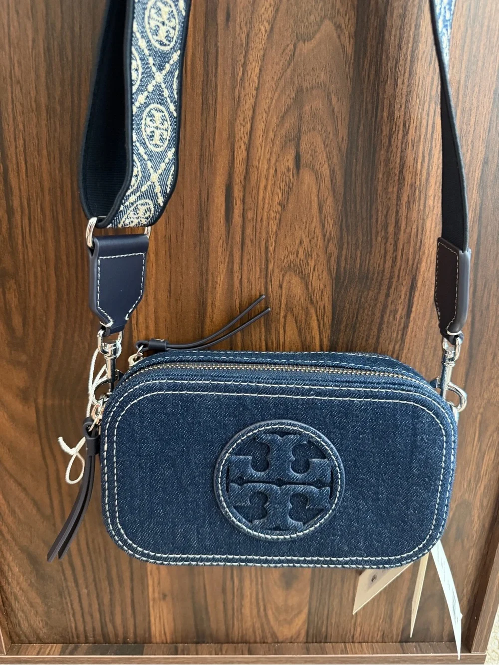 Tory Burch Miller Denim Camera Crossbody with Jacquard Logo Strap